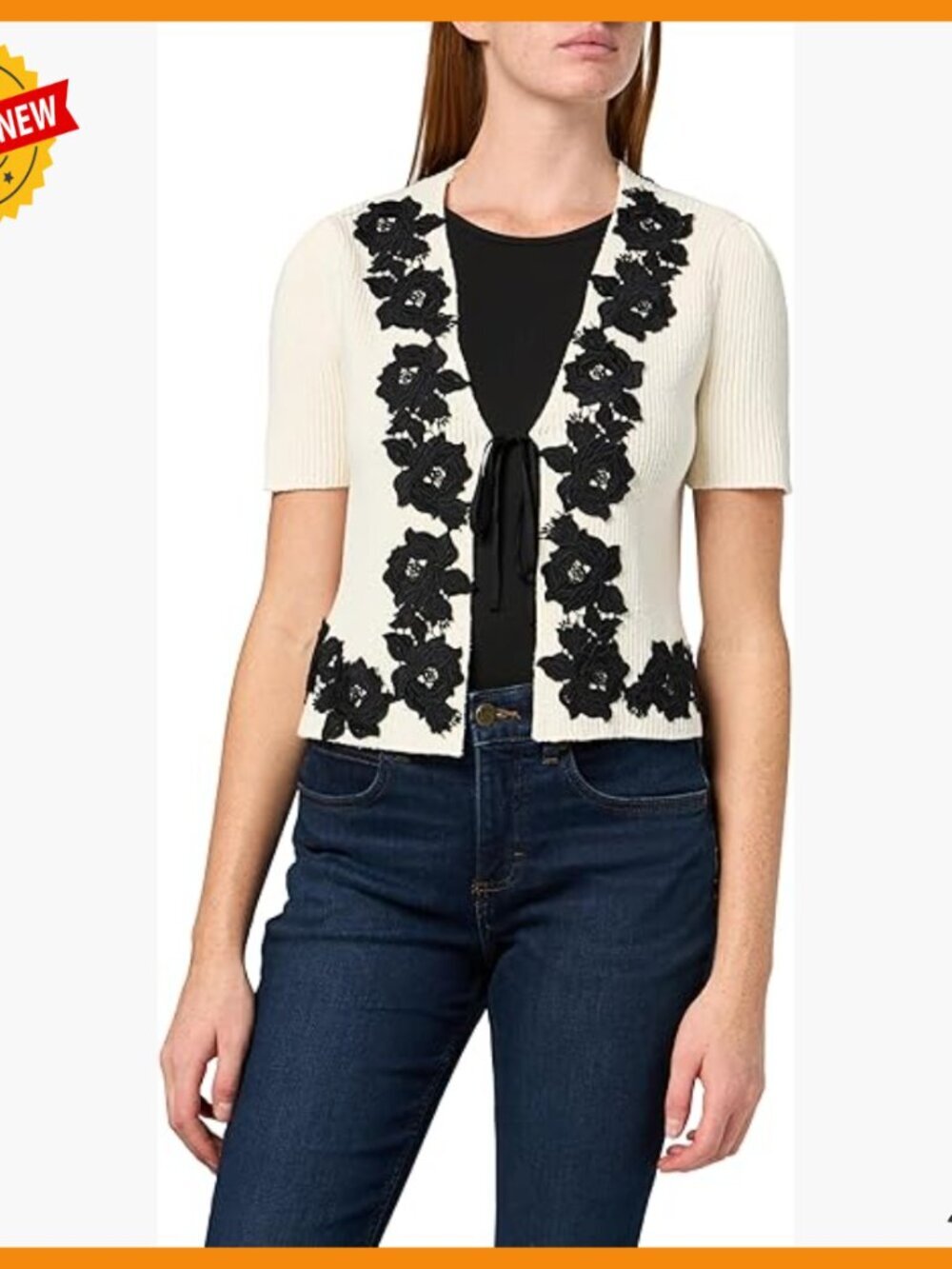 Short Sleeve Cardigan with Lace Trim, Ribbed Knit, Relaxed Fit